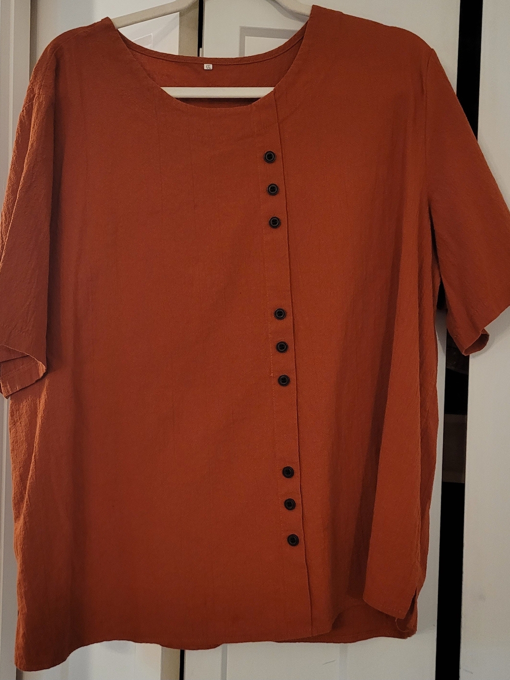 SHEIN Rust Short Sleeve Button-Accent Round Neck Top